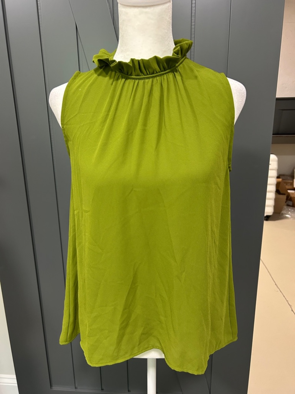 Ann Taylor Olive Green Ruffled Mock-Neck Sleeveless Top